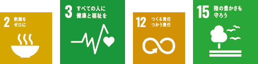 2．飢餓をゼロ,3．すべての人に健康と福祉を,12．つくる責任 つかう責任,15．陸の豊かさも守ろう