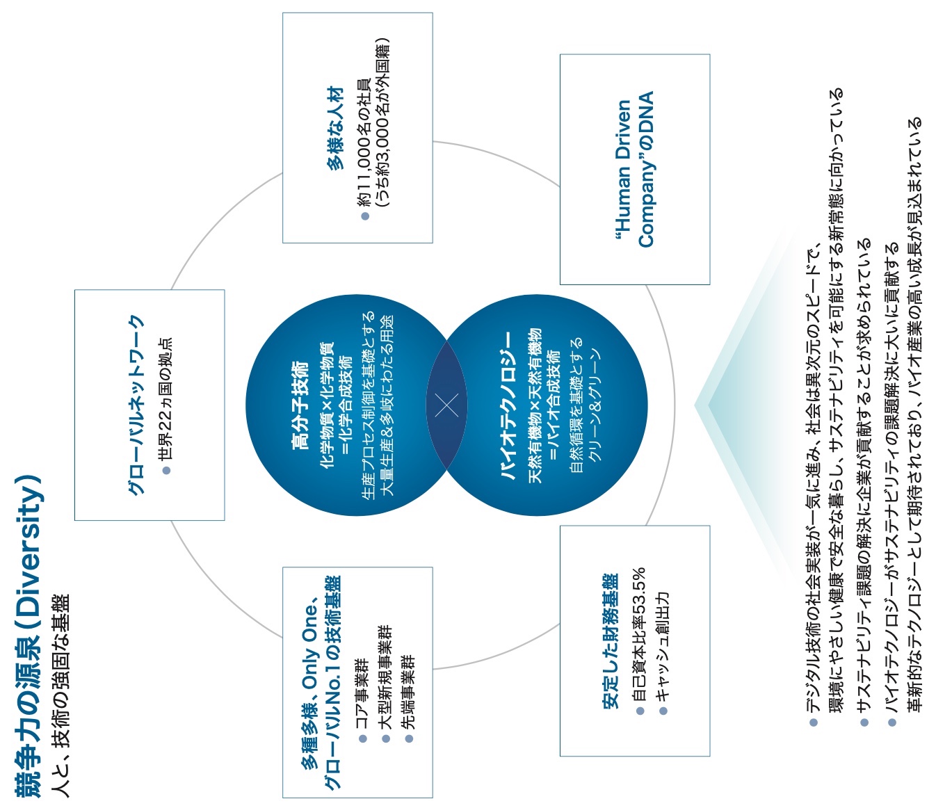 競争力の源泉（Diversity）人と、技術の強固な基盤。グローバルネットワーク●世界22カ国の拠点。多種多様、Only One、グローバルNo.1の技術基盤●コア事業群●大型新規事業群●先端事業群。安定した財務基盤●自己資本比率50.7％●キャッシュ創出力。多様な人材●約11,000名の社員（うち約3,000名が外国籍）。Human Driven CompanyのDNA。事業活動を行う主役は「人」、そしてさまざまな製品のベースになるのは当社が誇る「技術」です。カネカは、2つ以上の意外なもの（技術）を組み合わせ新しいものを作る伝統がある。健康で活気にあふれた「人」がB to C＆B、さらにはその先のSocialまで踏み込んだB to C＆Sの視点でValue Communicationを繰り返し、世界に、地球に、新たな価値を提供していきます。