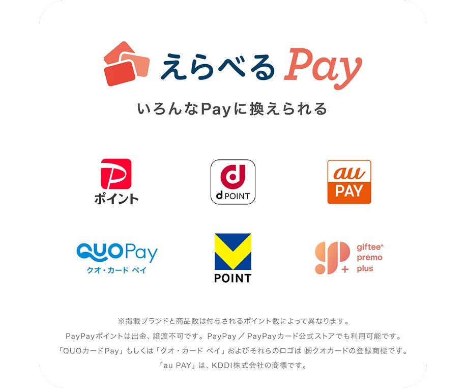 えらべるPay いろんなPayに換えられる（PayPayポイント／dポイント／au PAY／QUOカードPay／Vポイント／giftee premo plus）
