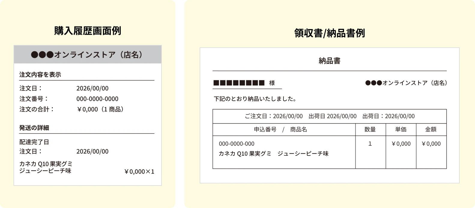 購入履歴画面例／領収書・納品書例