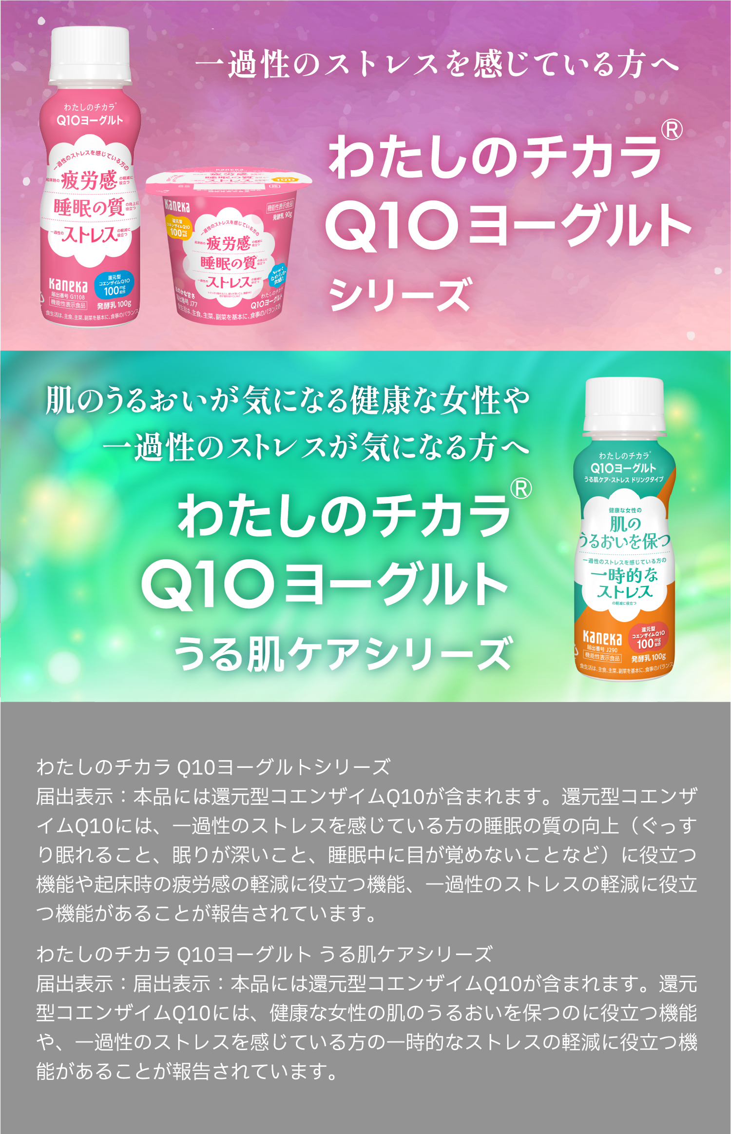「わたしのチカラ Q10ヨーグルト」の広告画像。上段はピンク背景に、疲労感や睡眠の質を気にする方向け「Q10ヨーグルト ストレスシリーズ」のドリンクタイプとカップタイプ。中段はグリーン背景に、肌のうるおいや一時的なストレス対策を気にする方向け「Q10ヨーグルト うる肌ケアシリーズ」のドリンクタイプ。
